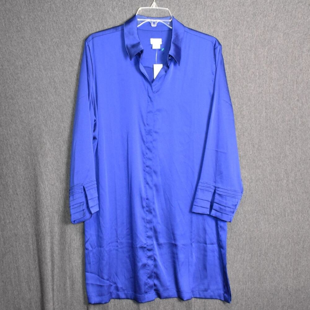 NEW Chicos Women's 2 (US 12/14 Large) Tunic Solid Satin Pleat Shirt Blue NWT